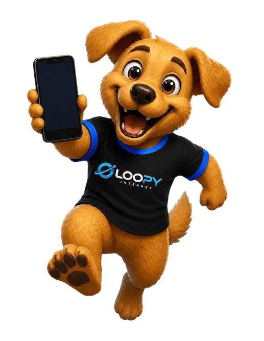 Mascote caramelo da Loopy segurando um celular